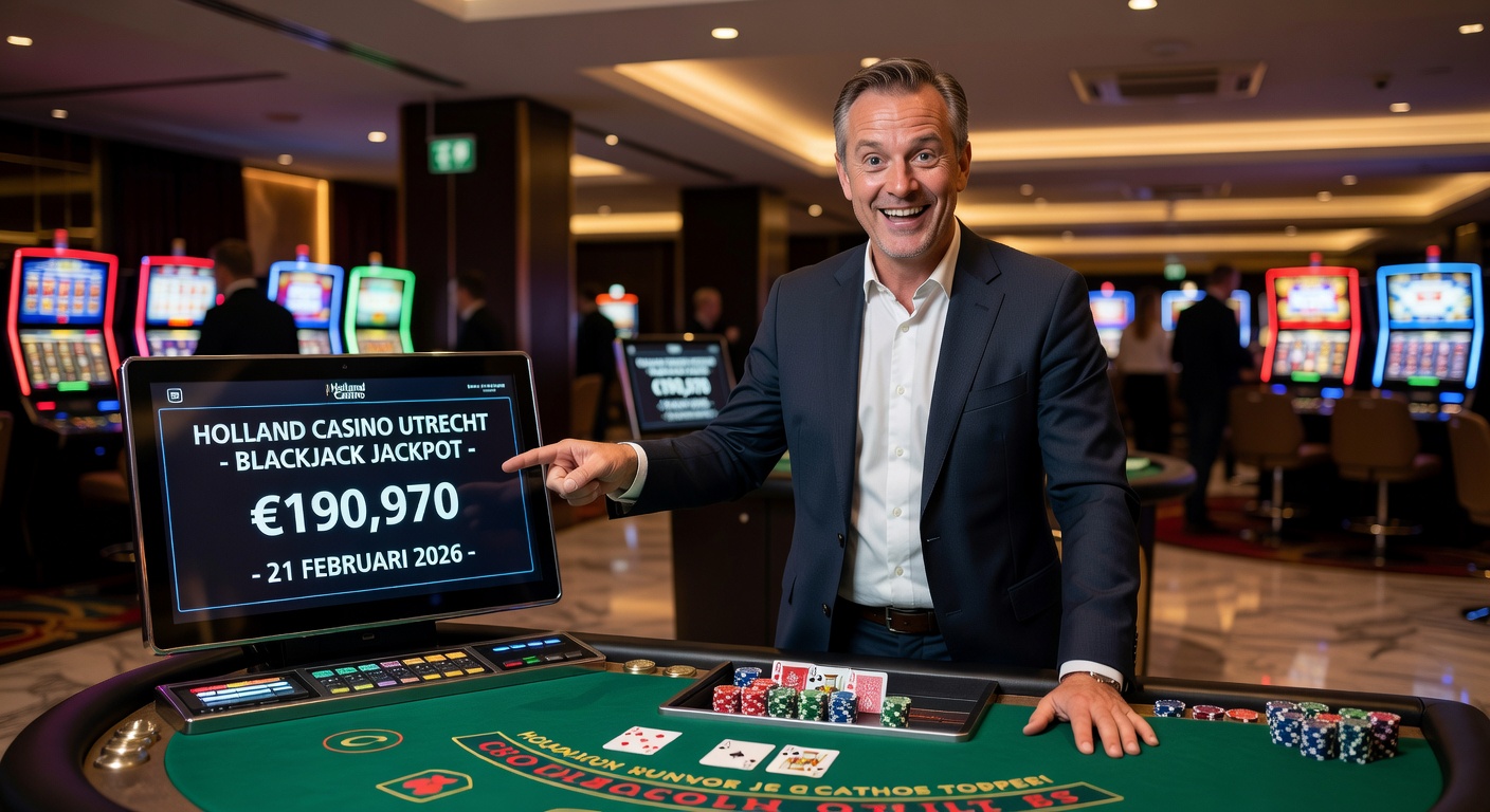 Glimmende jackpotmeter bij een blackjacktafel in een Nederlands casino, met het bedrag dat oploopt tot hoge bedragen
