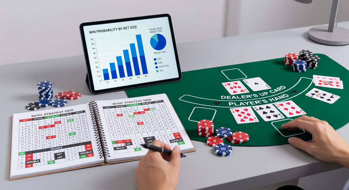 Een speler aan een blackjack-tafel die een beslissing overweegt, met kaarten en fiches in beeld, illustrerend strategisch denken tijdens het spel