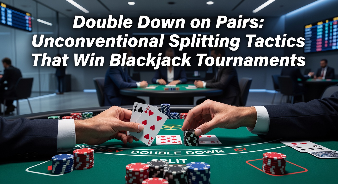 Speler aan blackjacktafel splitst een paar tienen tijdens een toernooi, met fiches stapelend voor een double down