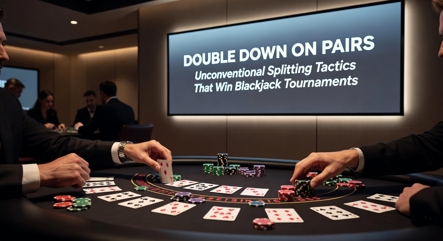 Toernooiwinnaar viert met stapel chips na succesvolle split en double down op een paar negens in live dealer setting