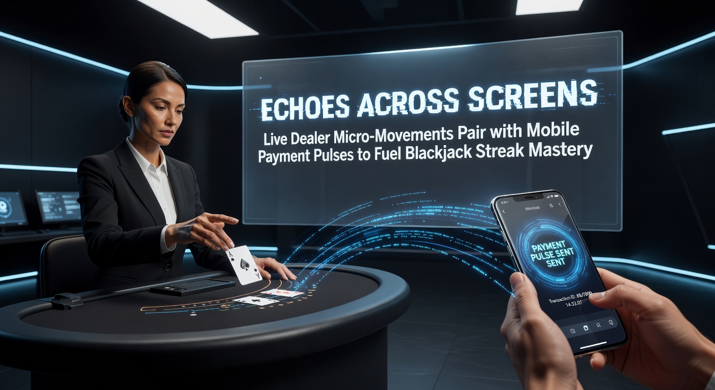 Live dealer aan blackjacktafel met subtiele handbewegingen terwijl mobiele betaalapp op scherm pulseert