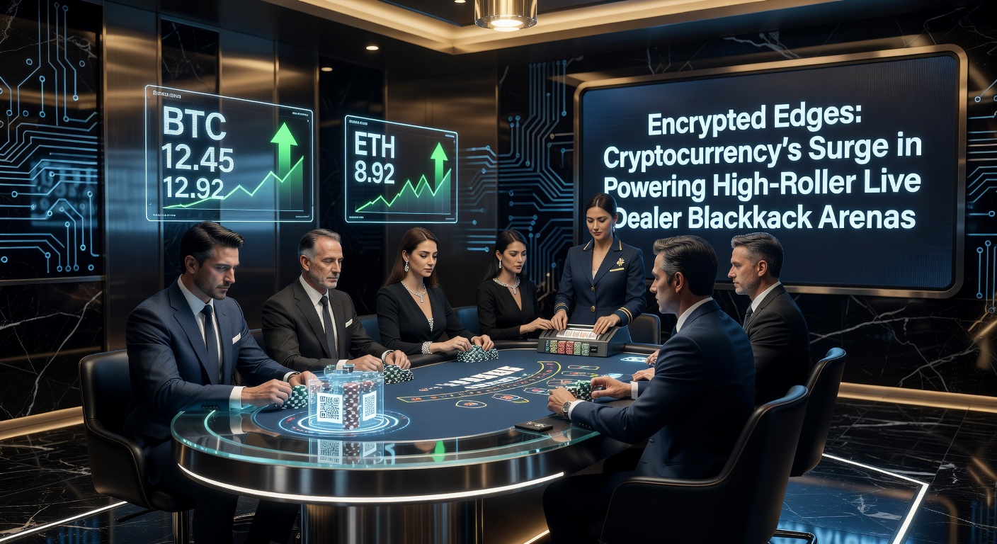 High-roller blackjacktafel met digitale crypto-symbolen en live dealer in actie, verlicht door neonlichten en blockchain-icoontjes