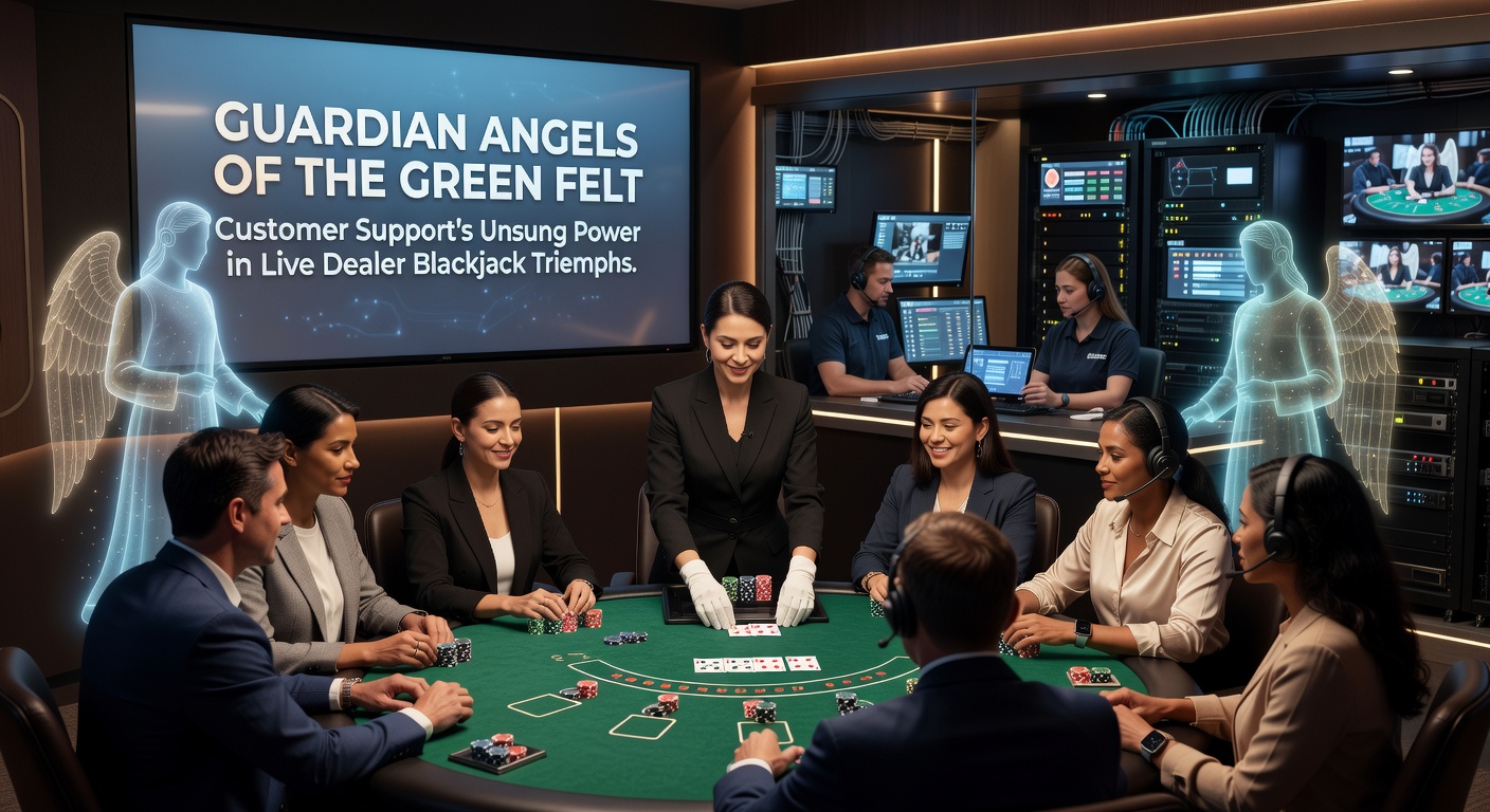 Customer support agent die een speler helpt bij live blackjack bonus activering, met chatvenster en dealer op achtergrond