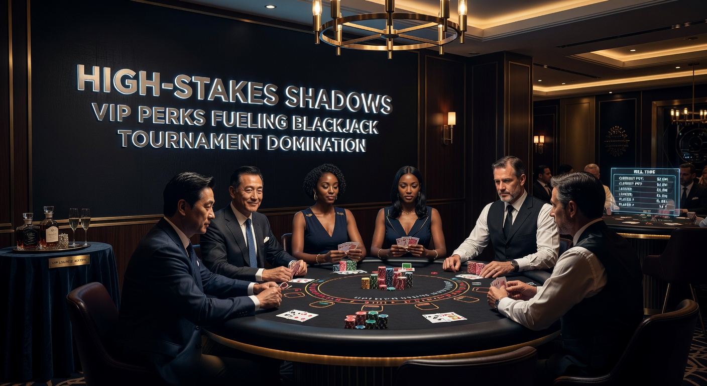 Spannende blackjack toernooi scène met VIP-spelers aan een luxe tafel, kaarten en fiches in het spotlight