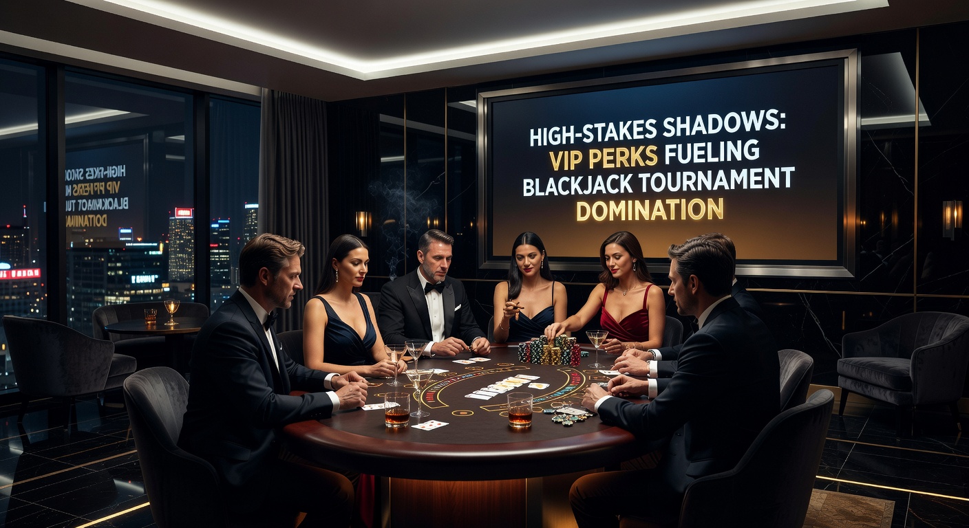 VIP-speler met persoonlijke host aan een high-stakes blackjack tafel tijdens een toernooi, fiches stapelen op