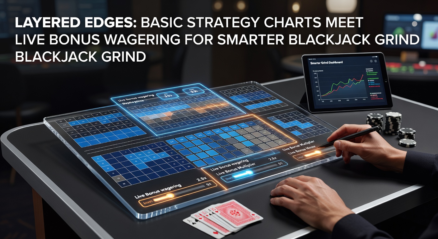 Een blackjacktafel met een basisstrategiekaart ernaast, terwijl een dealer kaarten deelt tijdens een live sessie met bonusoverlay
