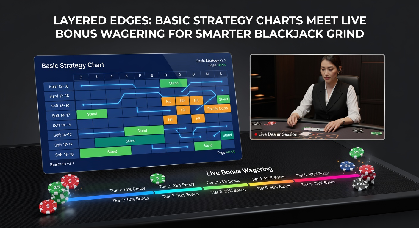 Schermafbeelding van een live blackjack sessie met overlay van basisstrategiekaart en bonus wagering progress bar
