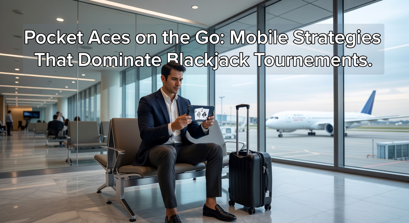 Speler met smartphone aan blackjacktoernooi, pocket aces op scherm terwijl dealer kaarten deelt