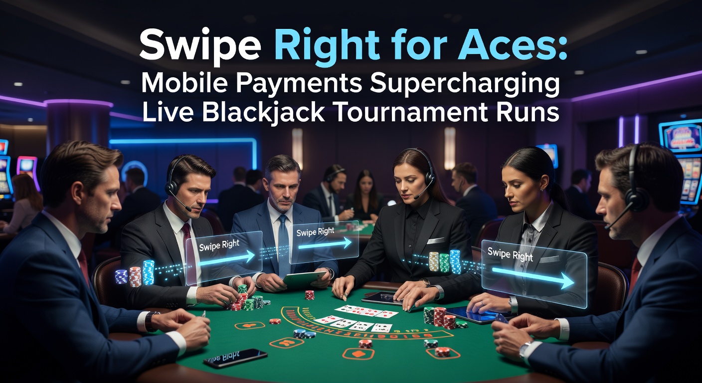 Mobiele telefoon met live blackjack toernooi en swipe-gebaar voor snelle betaling, azen op het scherm terwijl een betaling wordt bevestigd