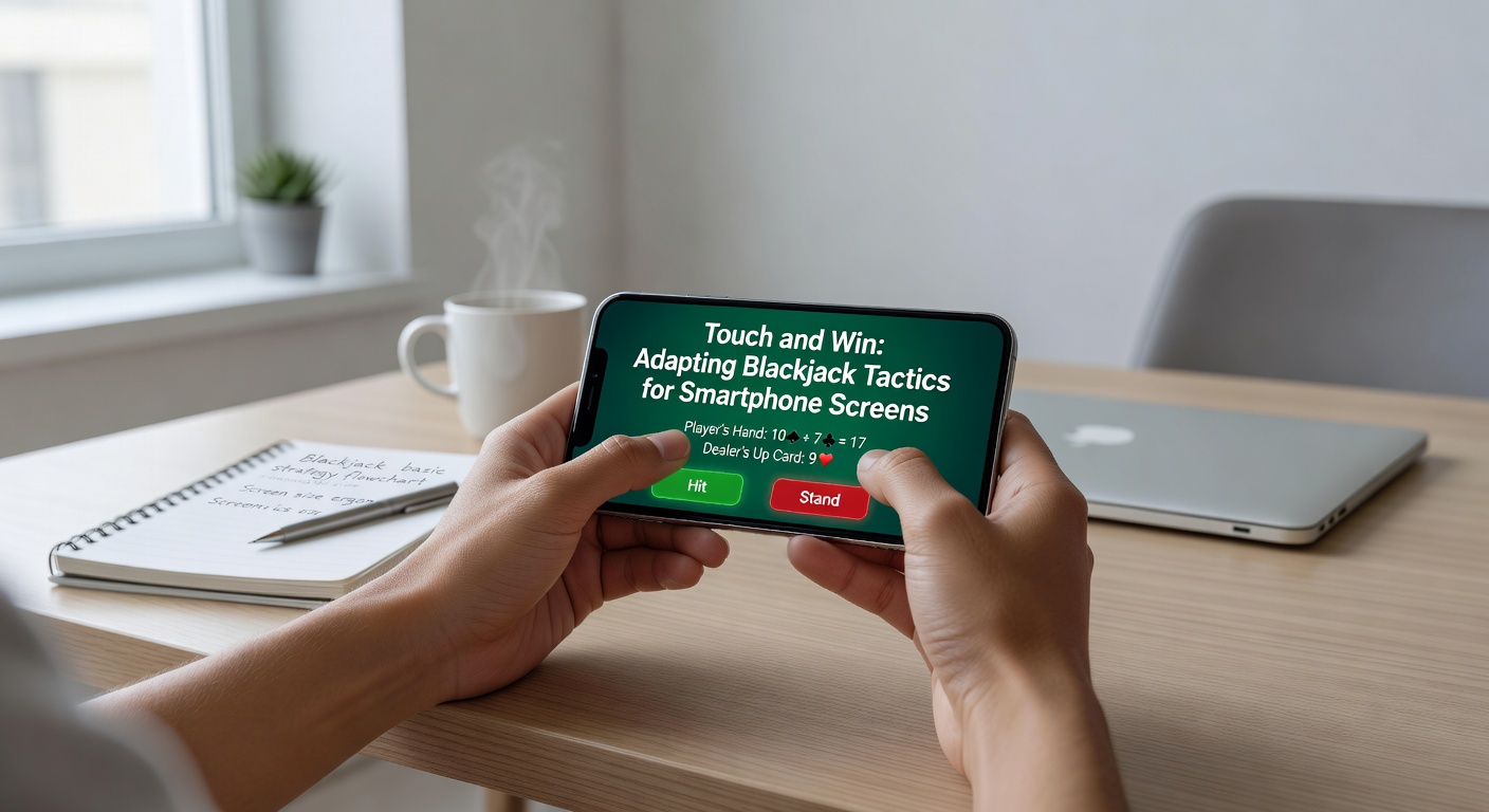 Close-up van een hand die een blackjack-strategiekaart aanraakt op een smartphone, met overlay van touch-gebaren voor hit en split