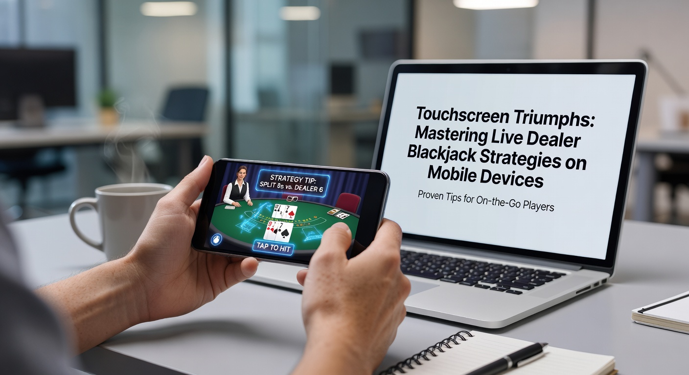 Close-up van vingers die blackjack-acties uitvoeren op tablet touchscreen met live dealer in achtergrond, kaarten en chips zichtbaar