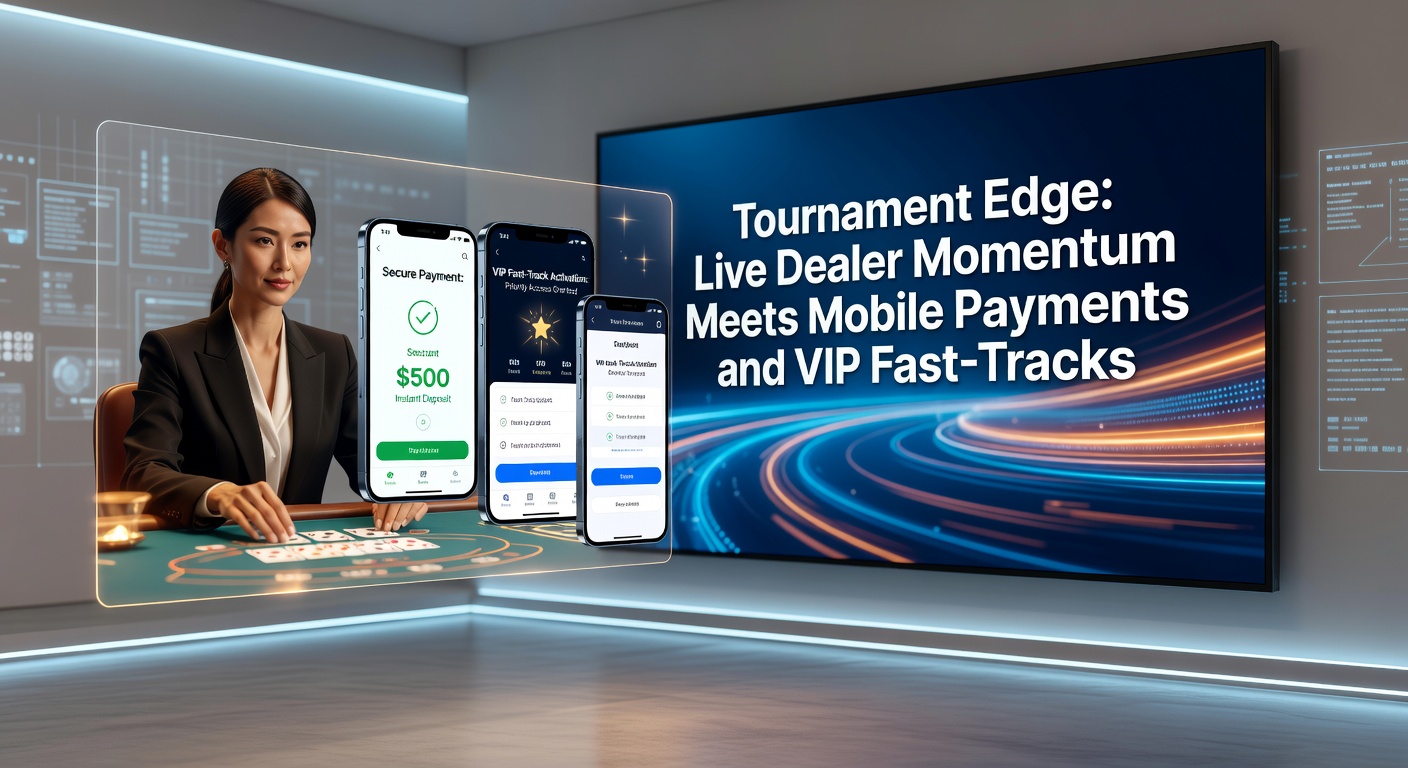 Mobiele telefoon met open betalingsscherm naast een VIP-leidersbord in een blackjacktoernooi, live dealer zichtbaar op het scherm