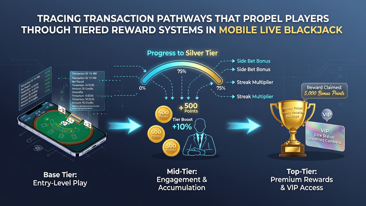Detail van gelaagde VIP beloningen gekoppeld aan mobiele transacties in live blackjack