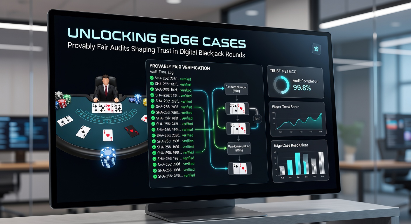 Grafiek met provably fair verificatieproces in blackjack, tonen hashes, seeds en verificatietools op een digitaal scherm