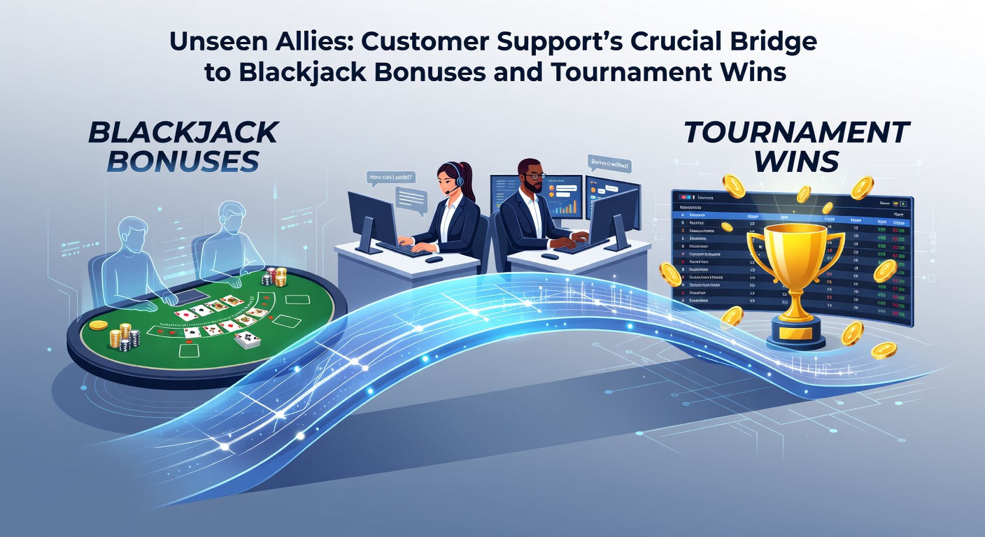 Een team van customer support agents die blackjack spelers helpen met bonussen en toernooien, met chat bubbles en bonus iconen op de achtergrond