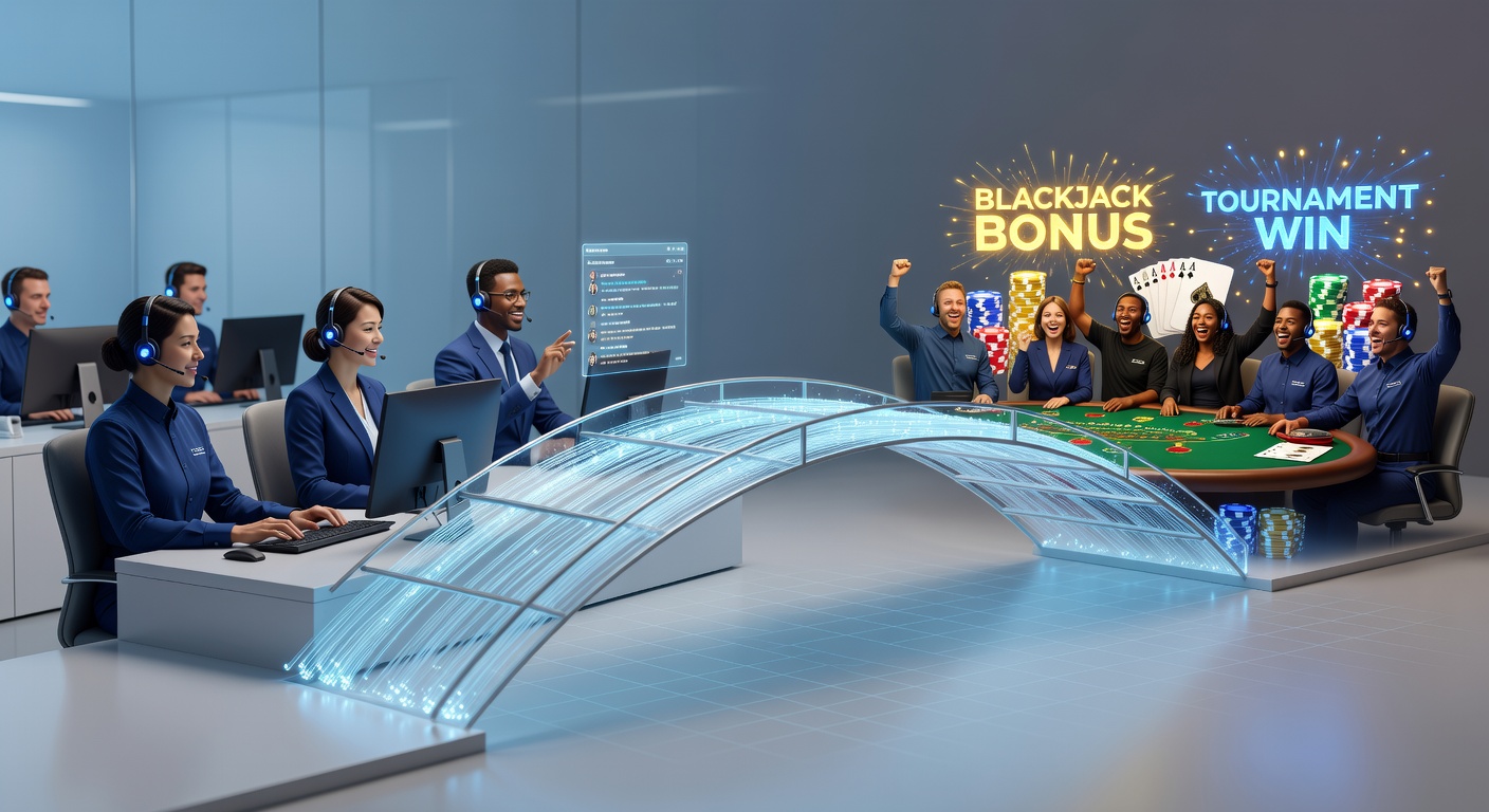 Een close-up van een live chat venster waar een support agent een blackjack speler helpt met een toernooi-inschrijving en bonus activatie, met succesmeldingen en chips iconen