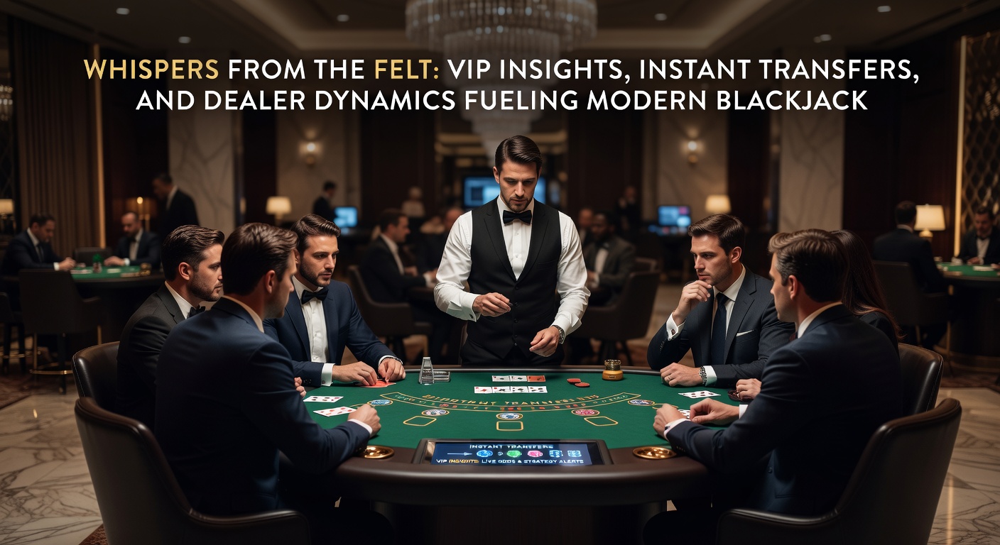 VIP-speler met smartphone checkend overschrijvingen aan een high-stakes blackjacktafel, met dealerkaarten en chips in focus, illustrerend snelle transfers en inzichten